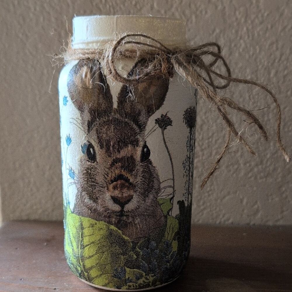 Handmade Easter Bunny Decoupage Mason Jar 6.5"